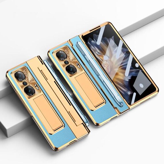 Custodia per telefono con cerniera a copertura totale integrata per Honor Magic Vs con stilo (oro + blu)