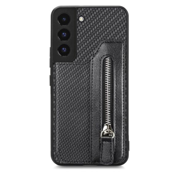 Per Samsung Galaxy S22 5G Custodia a portafoglio con cerniera orizzontale in fibra di carbonio (nero)