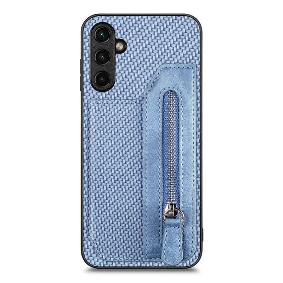 Per Samsung Galaxy A14 5G Custodia a portafoglio con cerniera orizzontale in fibra di carbonio (blu)