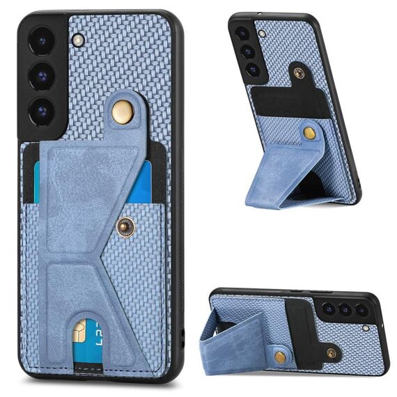 Per Samsung Galaxy S22 + 5G Portafoglio in fibra di carbonio Custodia per cellulare con supporto a forma di K (blu)