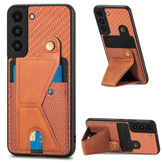 Per Samsung Galaxy S22 + 5G Portafoglio in fibra di carbonio Flip Card Custodia per telefono a forma di K (marrone)