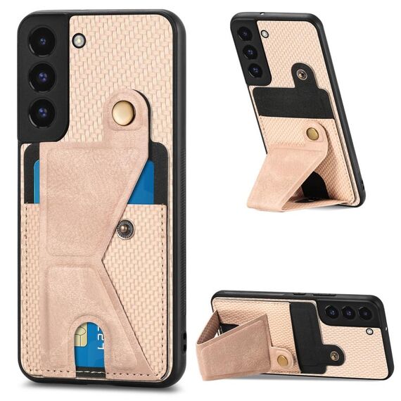 Per Samsung Galaxy S22 + 5G Portafoglio in fibra di carbonio Custodia per cellulare con supporto a forma di K (cachi)