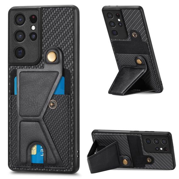 Per Samsung Galaxy S21 Ultra 5G Portafoglio in fibra di carbonio Flip Card Custodia per telefono a forma di K (nero)