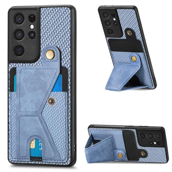 Per Samsung Galaxy S21 Ultra 5G Portafoglio in fibra di carbonio Flip Card Custodia per telefono a forma di K (blu)