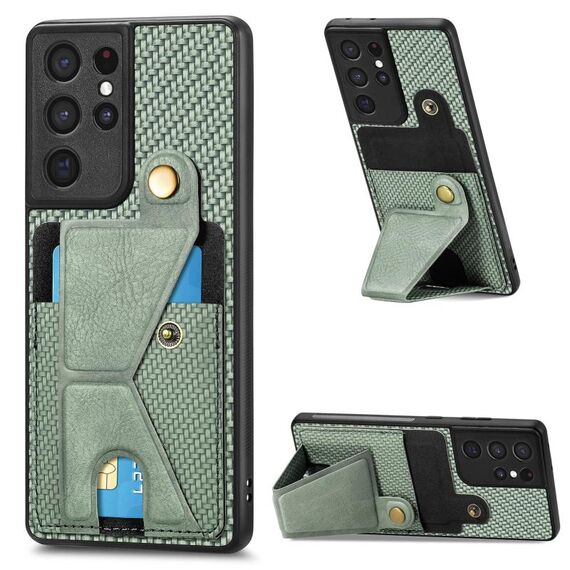 Per Samsung Galaxy S21 Ultra 5G Portafoglio in fibra di carbonio Flip Card Custodia per telefono a forma di K (verde)