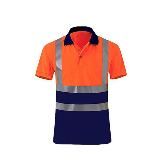 T-shirt riflettente ad asciugatura rapida Camicia da lavoro di sicurezza a maniche corte con risvolto, taglia: XXL (arancione rosso + blu navy)