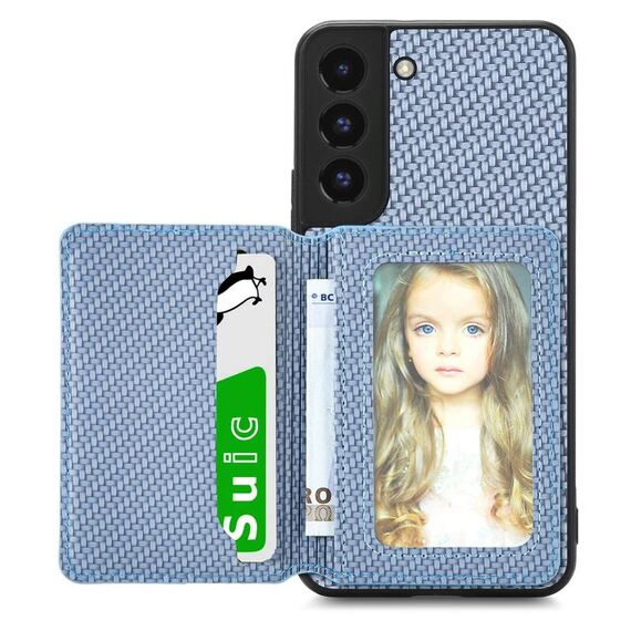 Per Samsung Galaxy S22 5G Custodia a portafoglio per carte magnetiche in fibra di carbonio (blu)