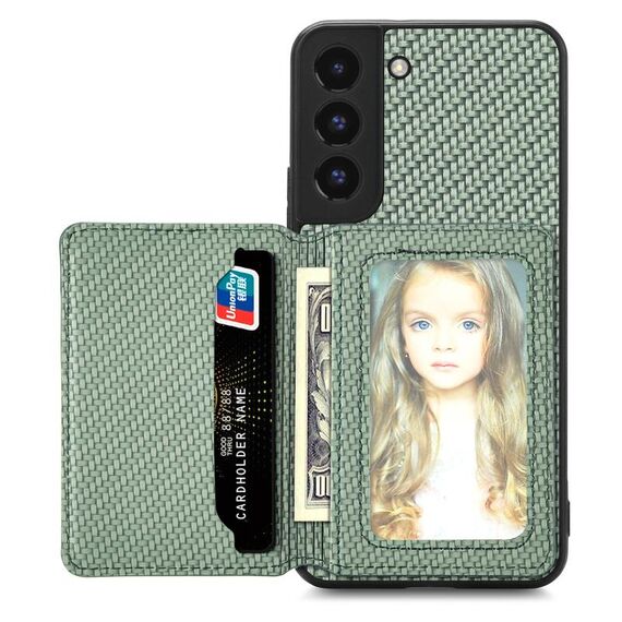 Per Samsung Galaxy S22 5G Custodia per cellulare a portafoglio con carta magnetica in fibra di carbonio (verde)