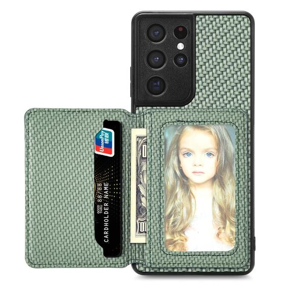 Per Samsung Galaxy S21 Ultra 5G Custodia a portafoglio per carte magnetiche in fibra di carbonio (verde)
