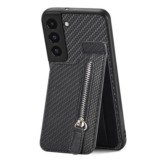 Per Samsung Galaxy S22 5G Custodia a portafoglio con cerniera verticale in fibra di carbonio (nero)