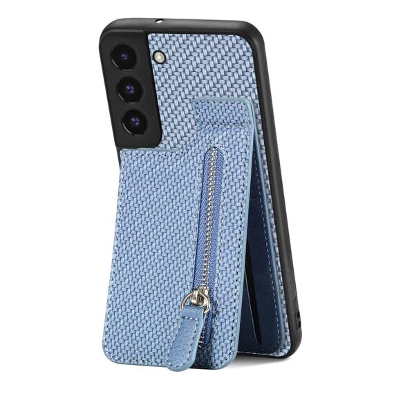Per Samsung Galaxy S22 5G Custodia a portafoglio con cerniera verticale in fibra di carbonio (blu)