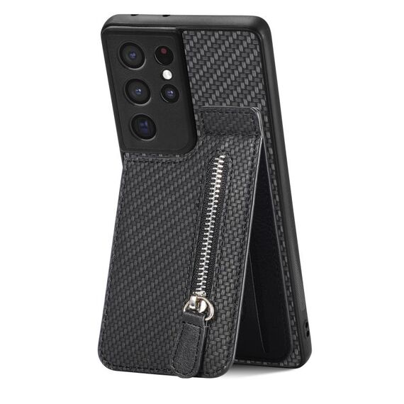 Per Samsung Galaxy S21 Ultra 5G Custodia a portafoglio con cerniera verticale in fibra di carbonio (nero)