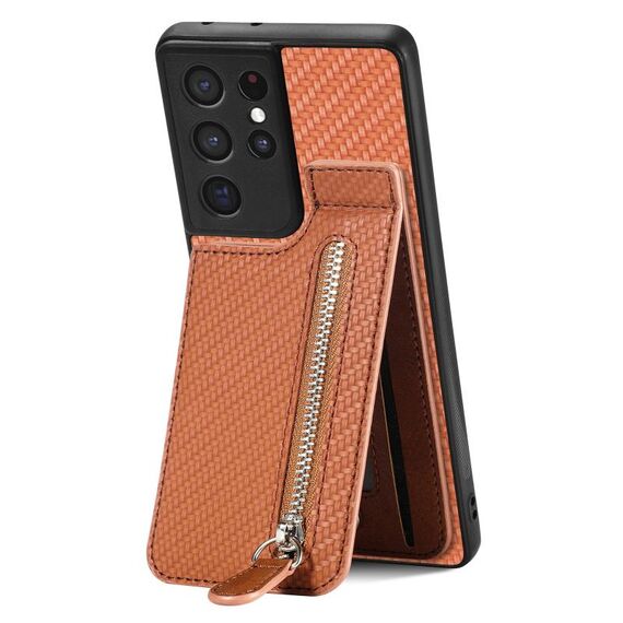 Per Samsung Galaxy S21 Ultra 5G Custodia a portafoglio con cerniera verticale in fibra di carbonio (marrone)