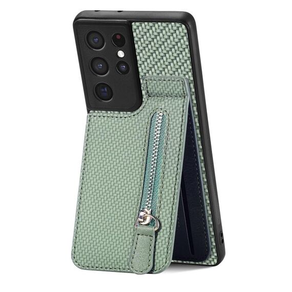 Per Samsung Galaxy S21 Ultra 5G Custodia a portafoglio con cerniera verticale in fibra di carbonio (verde)