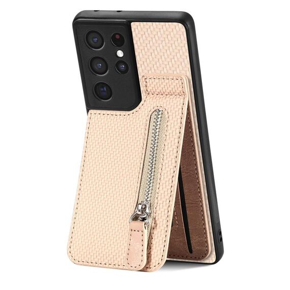 Per Samsung Galaxy S21 Ultra 5G Custodia a portafoglio con cerniera verticale in fibra di carbonio (cachi)