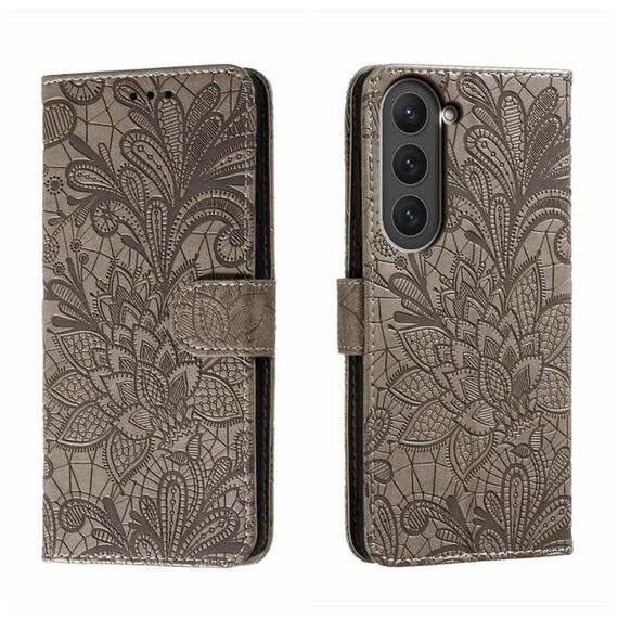 Per Samsung Galaxy S23 5G Custodia per cellulare in pelle goffrata fiore di pizzo (grigio)