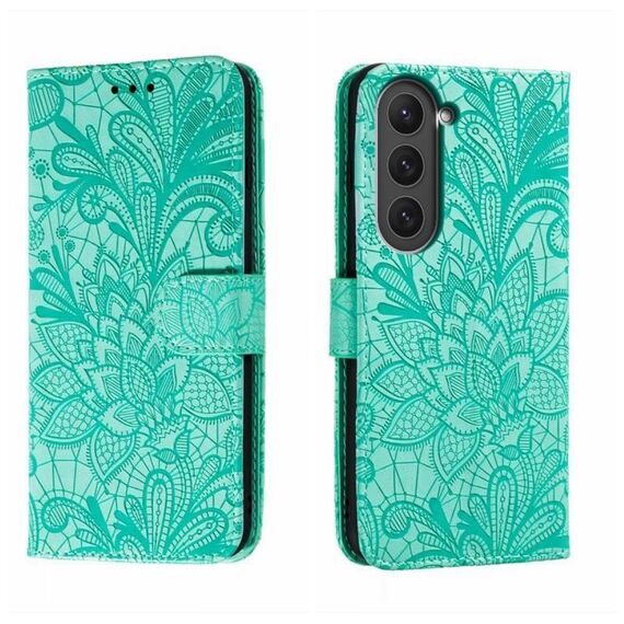 Per Samsung Galaxy S23 5G Custodia per cellulare in pelle goffrata fiore di pizzo (verde)