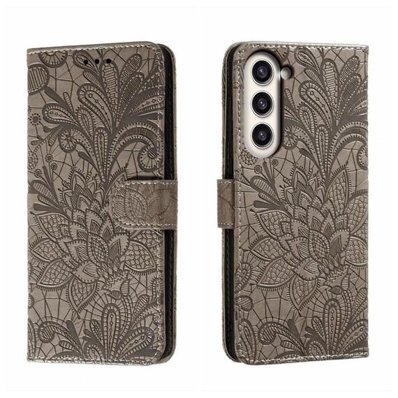 Per Samsung Galaxy S23+ 5G Custodia per cellulare in pelle goffrata fiore di pizzo (grigio)