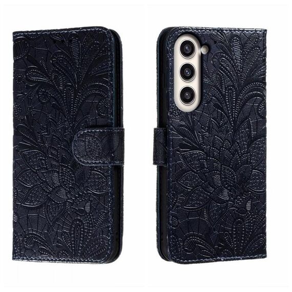 Per Samsung Galaxy S23+ 5G Custodia per cellulare in pelle goffrata fiore di pizzo (blu scuro)