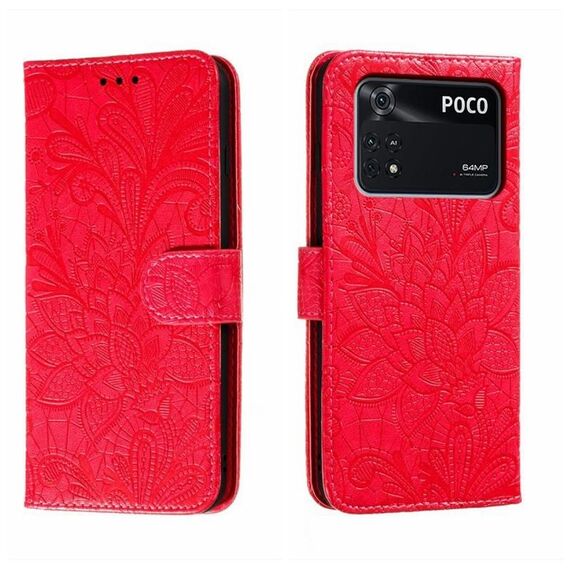 Per Xiaomi Poco M4 Pro Custodia per cellulare in pelle goffrata con fiore in pizzo (rosso)