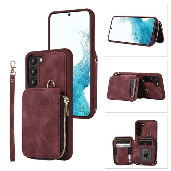 Per Samsung Galaxy S23 + 5G Zipper Card Bag Cover posteriore Custodia per telefono (vino rosso)