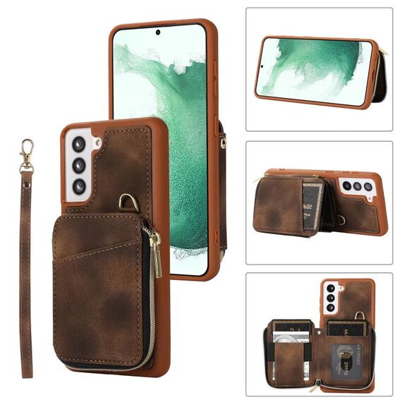 Per Samsung Galaxy S22 + 5G Zipper Card Bag Cover posteriore Custodia per telefono (marrone)