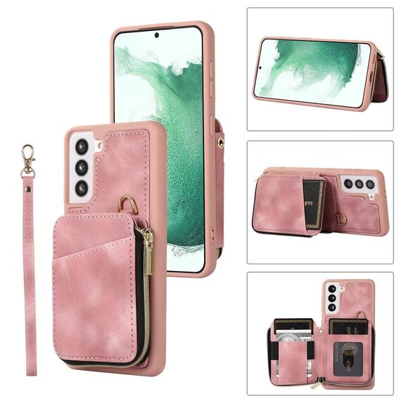 Per Samsung Galaxy S22 + 5G Zipper Card Bag Cover posteriore Custodia per telefono (rosa)