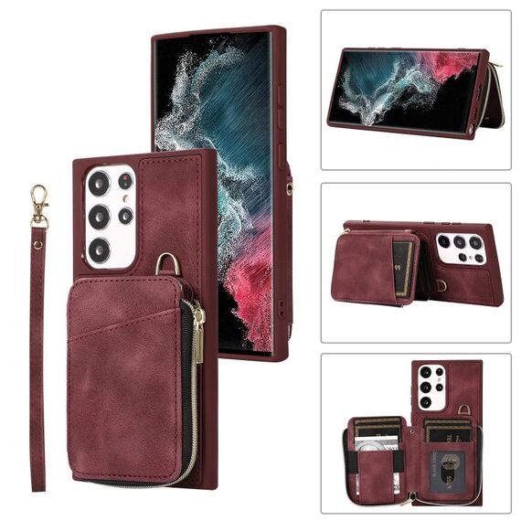 Per Samsung Galaxy S22 Ultra 5G Zipper Card Bag Cover posteriore Custodia per telefono (vino rosso)