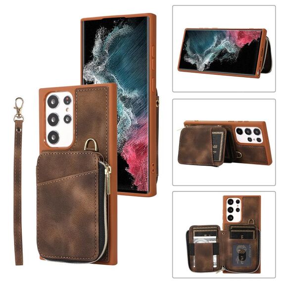 Per Samsung Galaxy S22 Ultra 5G Zipper Card Bag Cover posteriore Custodia per telefono (marrone)