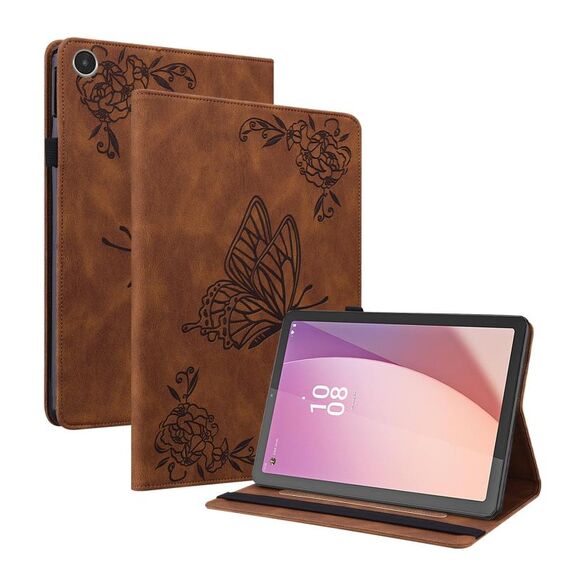 Per Lenovo Tab M8 4a generazione TB-300FU Custodia per tablet in pelle goffrata fiore farfalla (marrone)