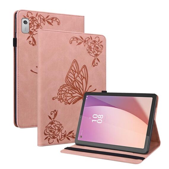 Custodia per tablet in pelle goffrata fiore farfalla per Lenovo Tab M9 (oro rosa)