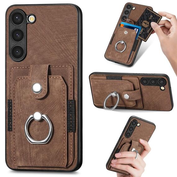 Per Samsung Galaxy S22 Ultra 5G Custodia a portafoglio con scheda ad anello effetto pelle retrò (marrone)
