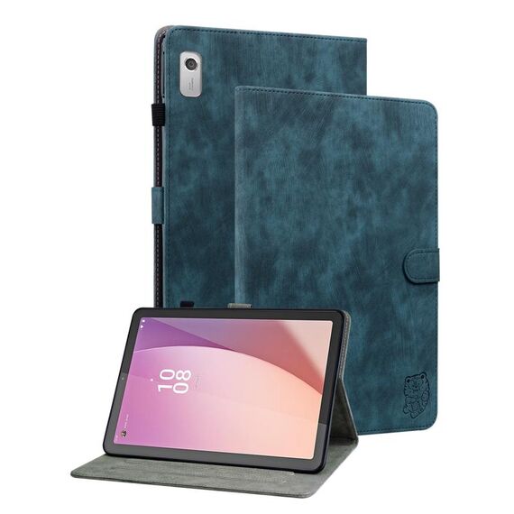 Per Lenovo Tab M9 Custodia per tablet in pelle con motivo a tigre (blu scuro)