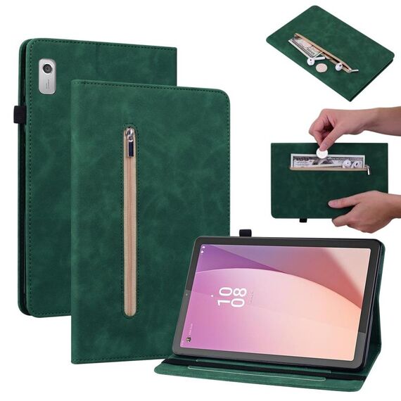Custodia per tablet in pelle con cerniera tinta unita per Lenovo Tab M9 Skin Feel (verde)