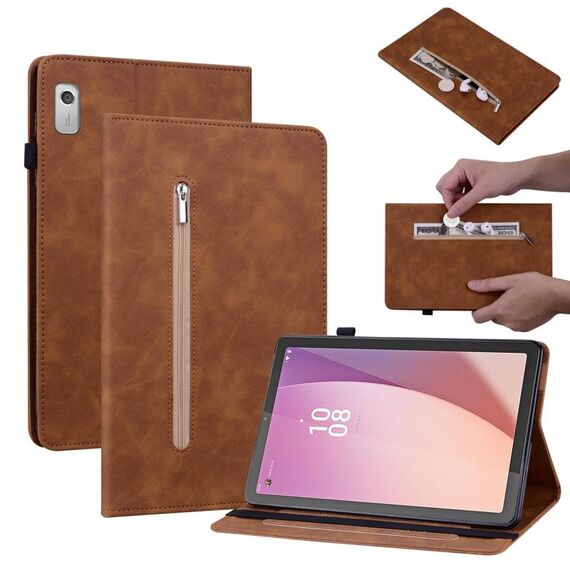 Custodia per tablet in pelle con cerniera tinta unita per Lenovo Tab M9 Skin Feel (marrone)