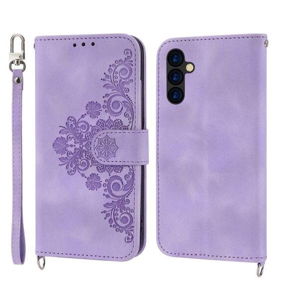 Per Samsung Galaxy M14 5G Global Skin-feel Custodia a portafoglio in pelle con fiori in rilievo (viola)