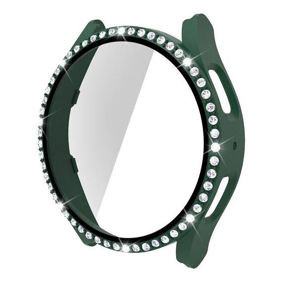 Per Samsung Galaxy Watch5 44 mm PC a fila singola con diamanti + cassa dell'orologio in vetro temperato (verde scuro)