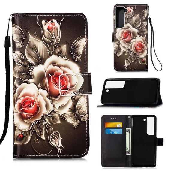 Per Samsung Galaxy S23+ 5G Custodia per telefono in pelle tinta unita con disegno colorato (rose su nero)