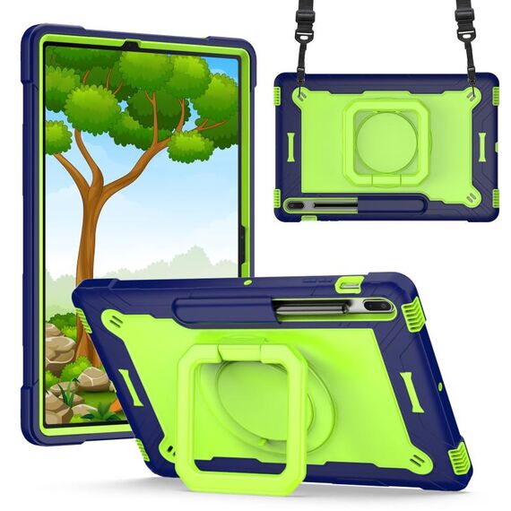 Per Samsung Galaxy Tab S7+ / S8+ / S7 FE Custodia per tablet con supporto per bracciale in silicone + PC (blu navy + giallo verde)