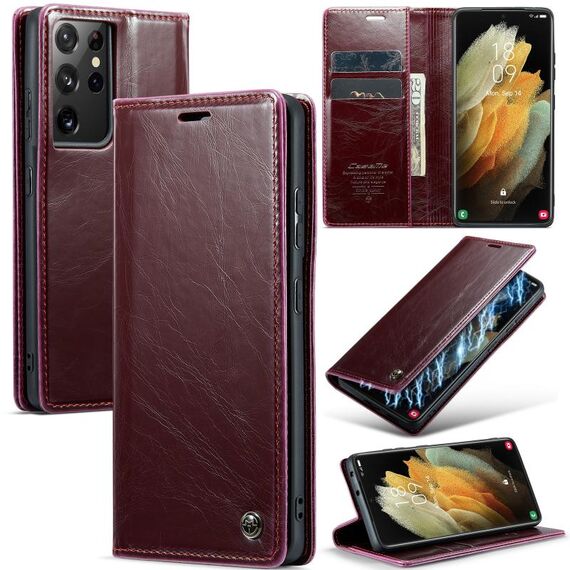 Custodia in pelle per Samsung Galaxy S21 Ultra 5G CaseMe 003 Crazy Horse Texture (rosso vino)