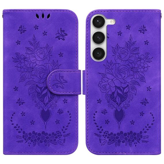 Per Samsung Galaxy S23 5G Custodia in pelle goffrata farfalla rosa (viola)