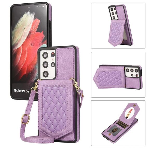 Per Samsung Galaxy S21 Ultra 5G Custodia per telefono RFID a trama rombica con cordino e specchio (viola)