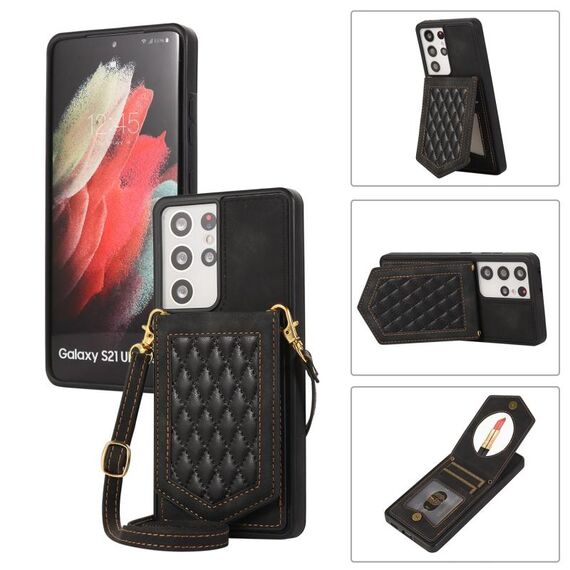 Per Samsung Galaxy S21 Ultra 5G Custodia per telefono RFID a trama rombica con cordino e specchio (nero)