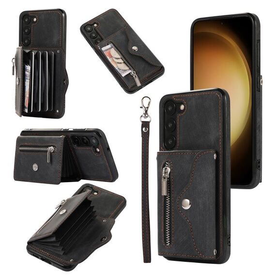 Per Samsung Galaxy S23+ 5G Zipper RFID Card Slot Custodia per telefono con cordino corto (nero)