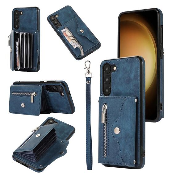 Per Samsung Galaxy S22+ 5G Zipper RFID Card Slot Custodia per telefono con cordino corto (blu)