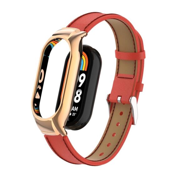 Custodia in metallo integrata per Xiaomi Mi Band 8 + cinturino in pelle cucita in microfibra (rosso)