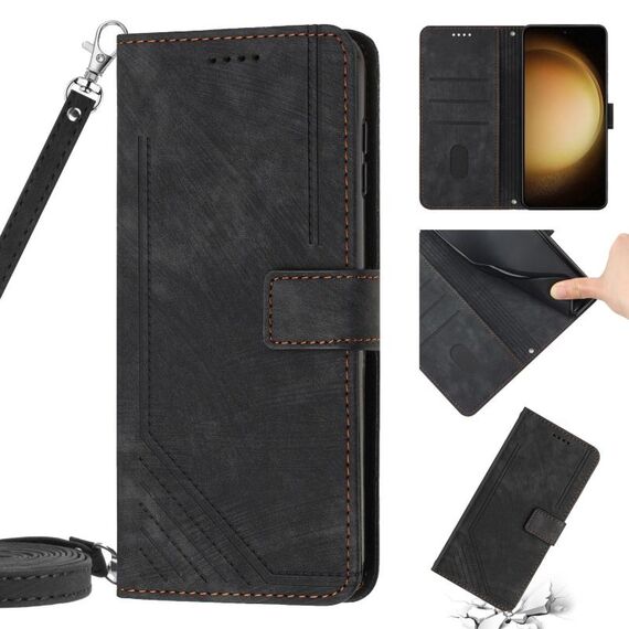 Per Samsung Galaxy S22+ 5G Skin Feel Custodia in pelle con motivo a strisce con cordino (nero)