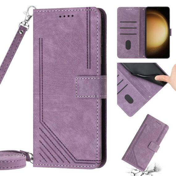 Per Samsung Galaxy S22+ 5G Custodia in pelle con motivo a strisce Skin Feel con cordino (viola)