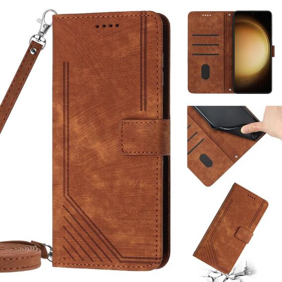 Per Samsung Galaxy S21 Ultra 5G Custodia per telefono in pelle con motivo a strisce Skin Feel con cordino (marrone)