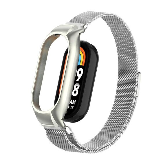 Custodia in metallo integrata per Xiaomi Mi Band 8 + cinturino magnetico milanese (argento)